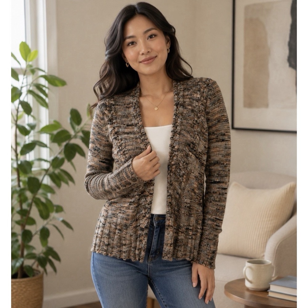 NIC+ZOE Multicolor Textured Knit V Neck Cardigan Sweater Women's M Braided Trim - Picture 1 of 16